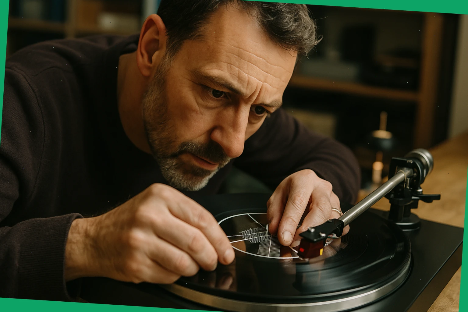 Lee Morgan aligning a cartridge with a mirrored protractor