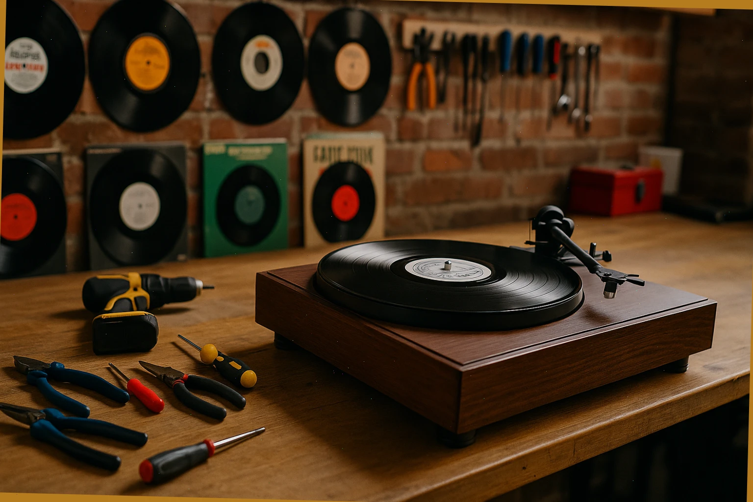 Liverpool workshop bench with tools and test records